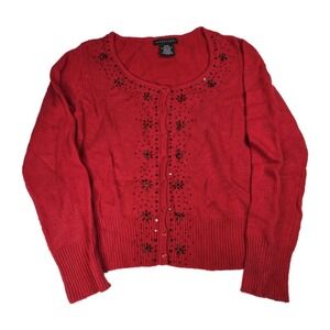 Apostrophe Women L Large Red Black Beaded Button Up Cardigan Sweater Rabbit Hair